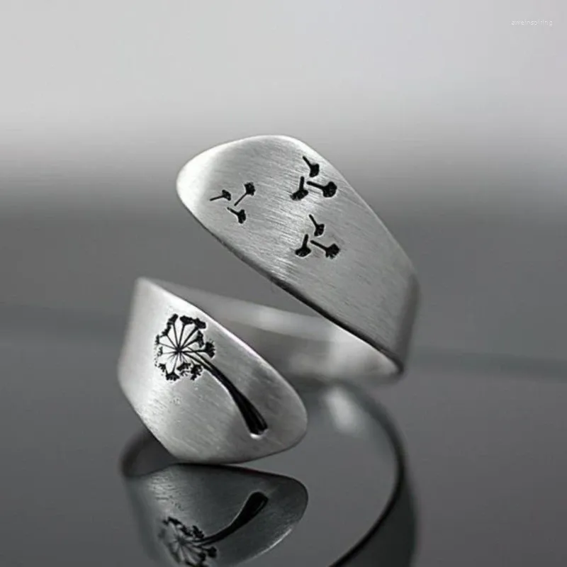 Anéis de cluster vintage cor prata dandelion abertura ajustável para mulheres criativa árvore folha flor dedo homens rock jóias presente