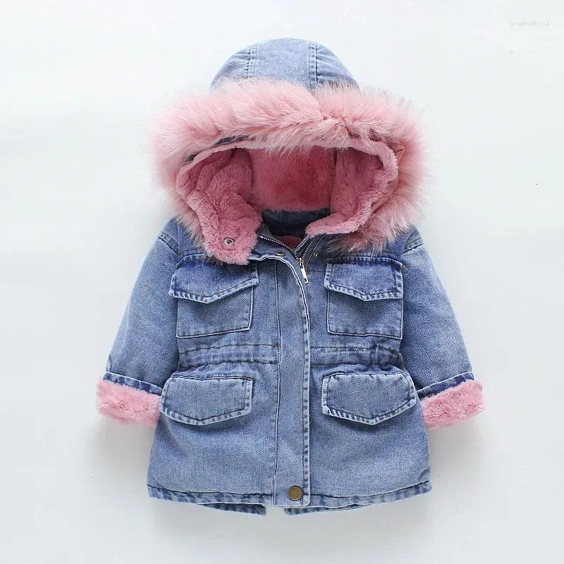 Jackets Cute Coats For Girls Outerwear Long-Sleeve Hooded Pink Warm Coat 2024 Winter Denim Jacket With Plush Large Fur Collar