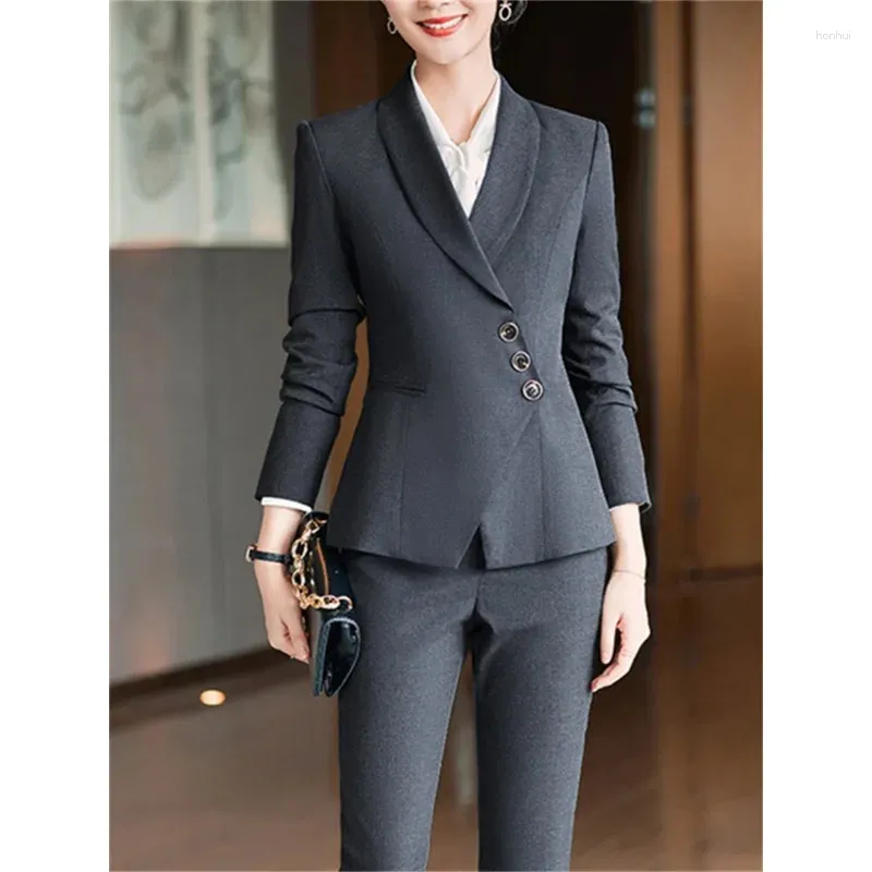 Pantaloni da due pezzi da donna PZCXH 2024 FASHIO Abbassa il collare abbuttini asimmetrici Blazer Blazers Chic Pant Sump Office Slim Office Donne 2 set