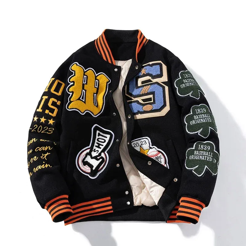 Borduren Varsity Jacket Heren Dames Letter Winter Amerikaans honkbaljack Hip Hop Wollen jas Dikke warme uitloper Parka's Bruin 231229