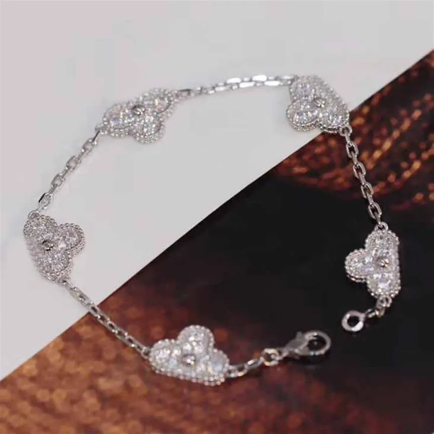 S925 Silver Five Flowers Charm Armband med diamant i platina färg för kvinnor bröllop smycken gåva PS5279298s