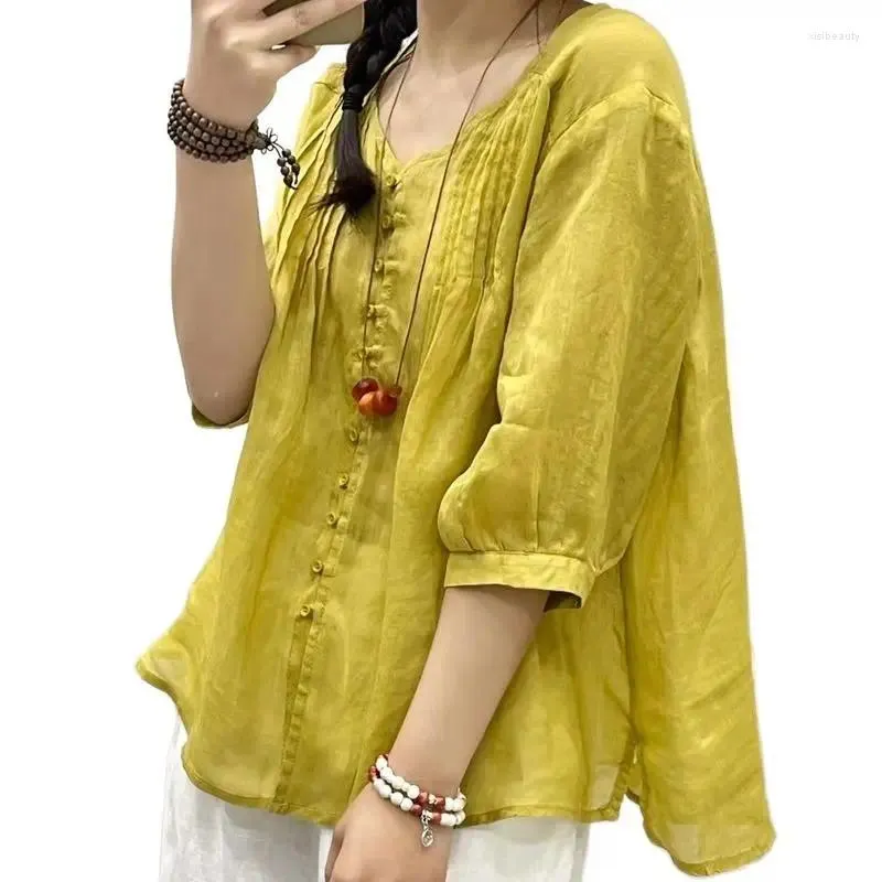 Women's Blouses Vintage Ramie Blouse Three Quaters Sleeves V-neck Single Breast Loose Thin Summer Design