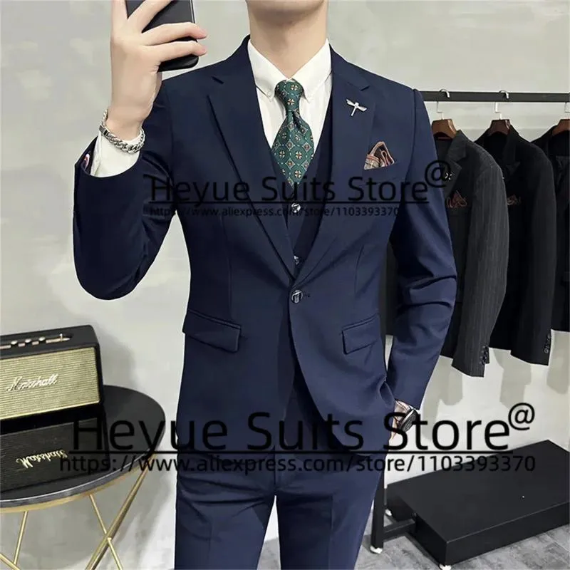 Men's Suits High-end Brand Boutique Fashion For Men Solid Color Slim Casual Groom Tuxedos 3 Pcs Set Business Male Blazer Costume Homme