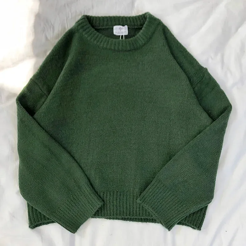 Vintage Y2K Oversized Green Sweater Crewneck Chunky Fuzzy Warm Cute Pullovers Autumn Winter