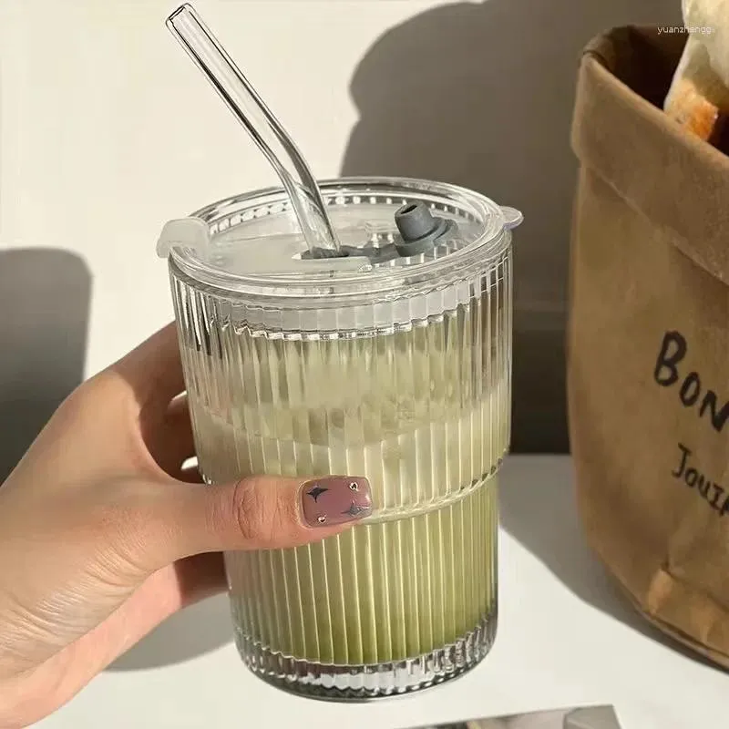 Bouteilles d'eau 450ml, tasse en verre à rayures, verres transparents avec couvercle et paille, tasse à café glacé, verres à thé, accessoires de cuisine