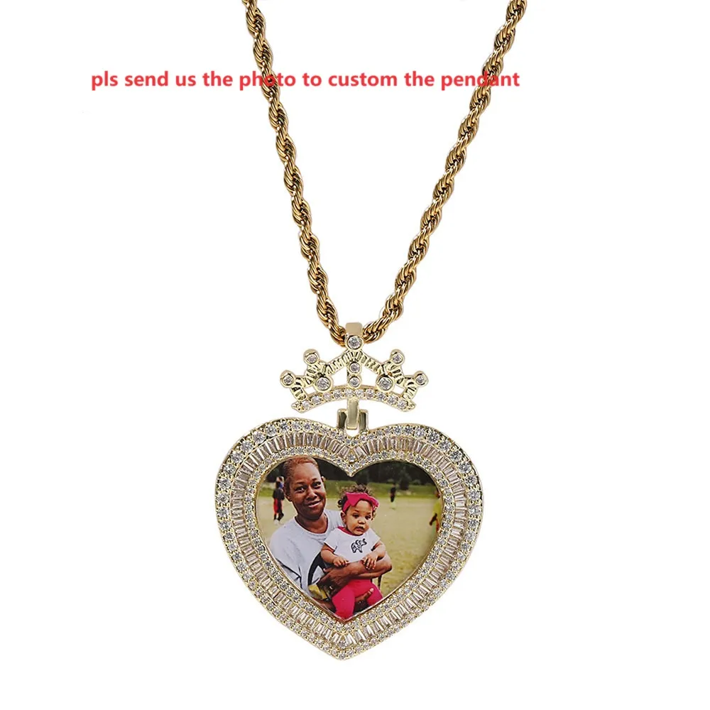 Hip hop corrente de ouro DIY personalizado foto coroa amor moldura pingente colar masculino luxo cobre diamante casal pingente lembrança corda colar 24 polegadas 1969