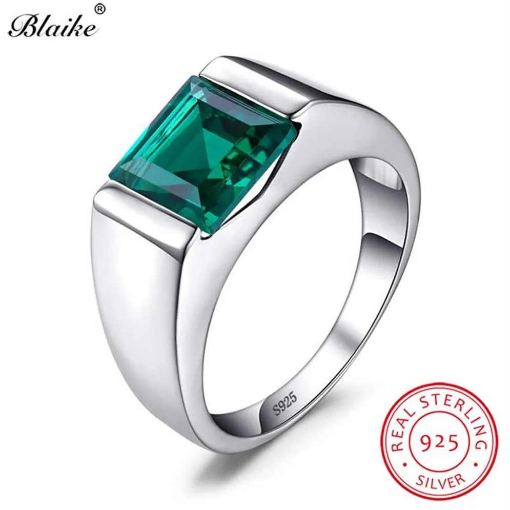 100% Real 925 Sterling Silver Rings For Men Women Square Green Emerald Blue Sapphire Birthstone Wedding Ring Fine Jewelry245S245T