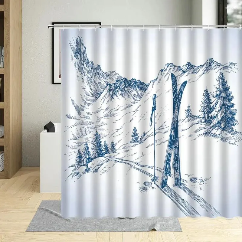 Shower Curtains Winter Snow Mountain Curtain Forest Trees Snowboard Hand-Painted Snowfield Scenery Home Decoration Bathroom Set