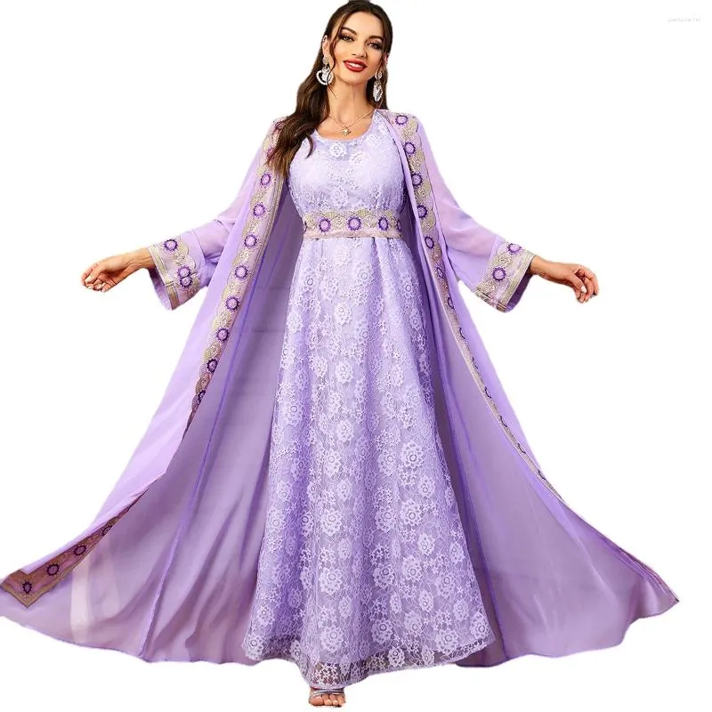 Abbigliamento etnico Zigui Abito da sposa musulmano Set da 2 pezzi Festa da sera Prom Cintura ricamata con fiori Abiti arabi in pizzo chiffon viola per