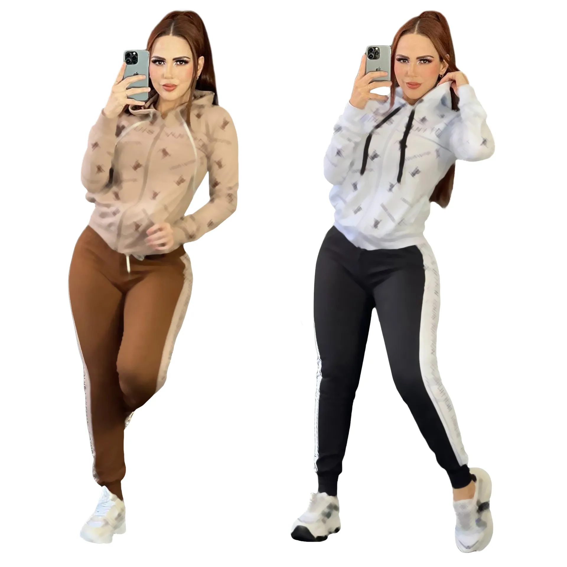 Dames Sportpak met capuchon en letterdruk Tweedelige sets Mode Dames Offset Brief Casual hoodiebroek Pak Trainingspakken