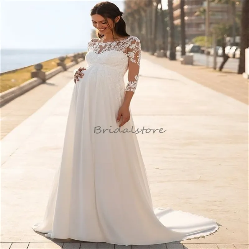 Robe de mariée de maternité Boho avec dentelle, col transparent, manches longues, robe de plage bohème, traîne brosse, robes de mariée élégantes pour femmes enceintes, Chic, 2024