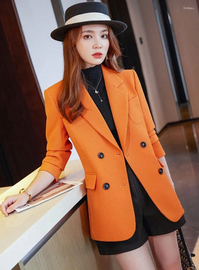 Costumes pour femmes Femmes Casual Blazer Orange Noir Vert Gaufre À Manches Longues À Double Boutonnage Dames D'affaires Vêtements De Travail Veste Pour L'automne Hiver