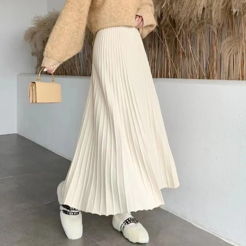 Jupes femmes jupe tricoté longue Maxi polyvalent automne hiver décontracté solide épais chaud une ligne taille haute cheville longueur femme dames