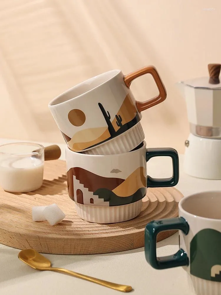 Coffee Pots Desert Series Abstract Hand-painted Ceramic Mug American Style Retro Niche Breakfast Cup Home Stackable Milk Water Cups