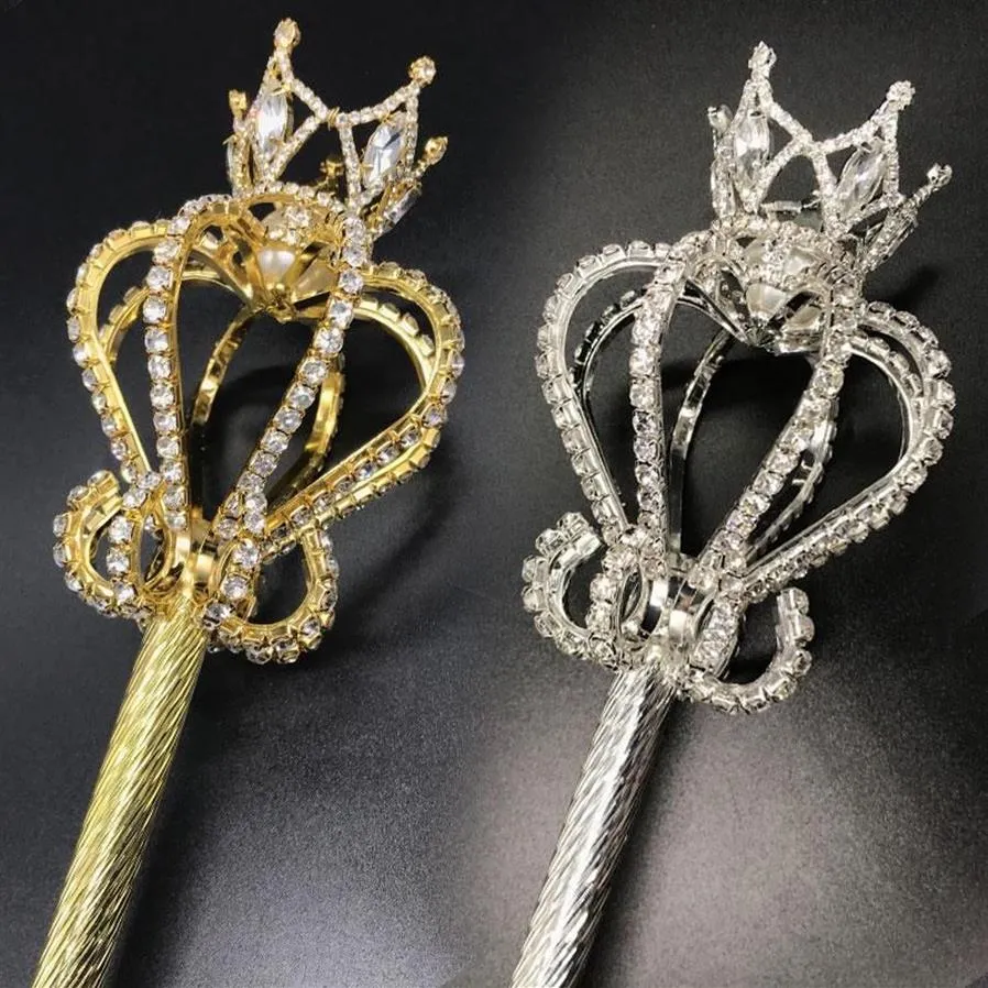 Barrettes à cheveux Barrettes Bling Crystal Sceptre Baguette Or Argent Couleur Diadèmes et couronnes Sceptre King Queen Wedding Pageant Party Cos279A