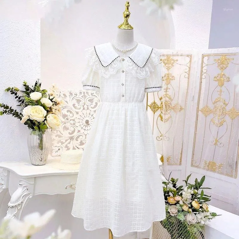 Robes d'été en dentelle blanche pour filles, tenue florale à carreaux, Lolita, grandes filles, décontractées, Midi, pour enfants et adolescents, robe de princesse de fête