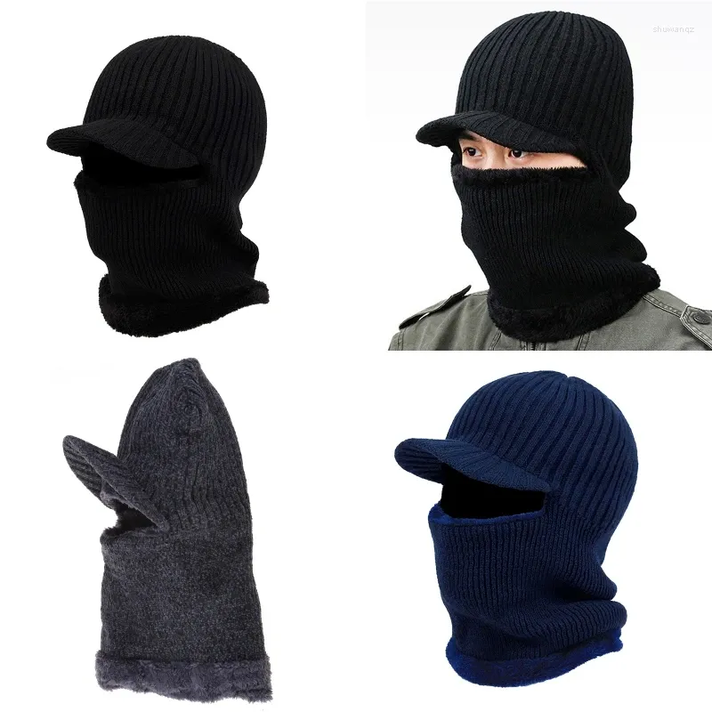 Bérets chapeau d'hiver masque écharpe cagoule câble tricoté bonnet doublé polaire avec visière