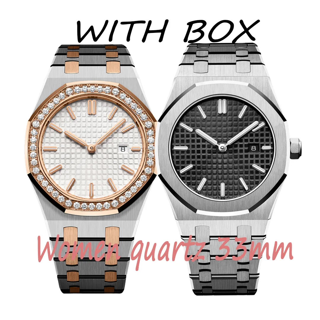 Con caja Reloj de lujo para mujer Reloj de diamantes Relojes de movimiento de cuarzo de acero inoxidable completo Reloj de mujer de alta calidad 15400 Reloj de pulsera de zafiro para mujer Relojes de pulsera