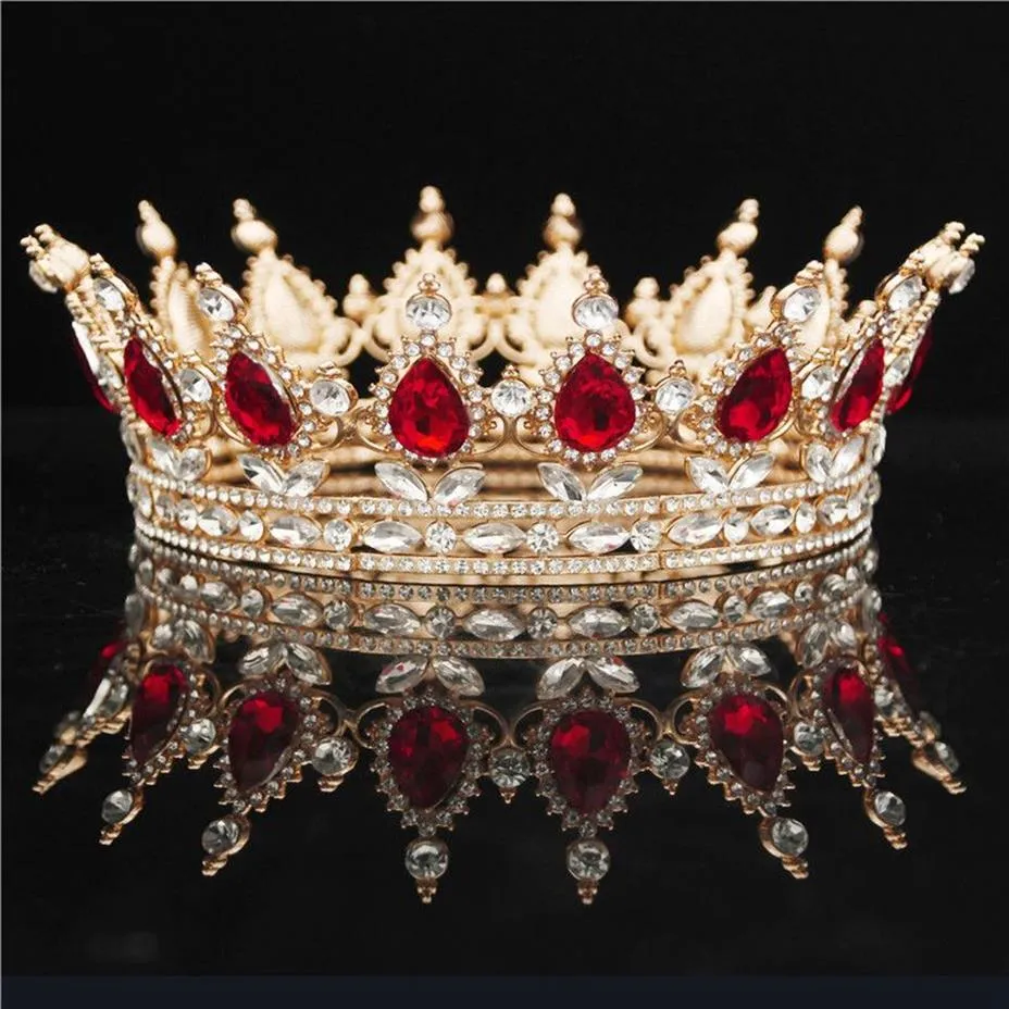 Yuvarlak Kristal Taç Diadem Kraliçe Headdress Metal Altın Renkler Tiaras ve Taç Palom Pageant Düğün Saç Takı Aksesuarları W0104287D