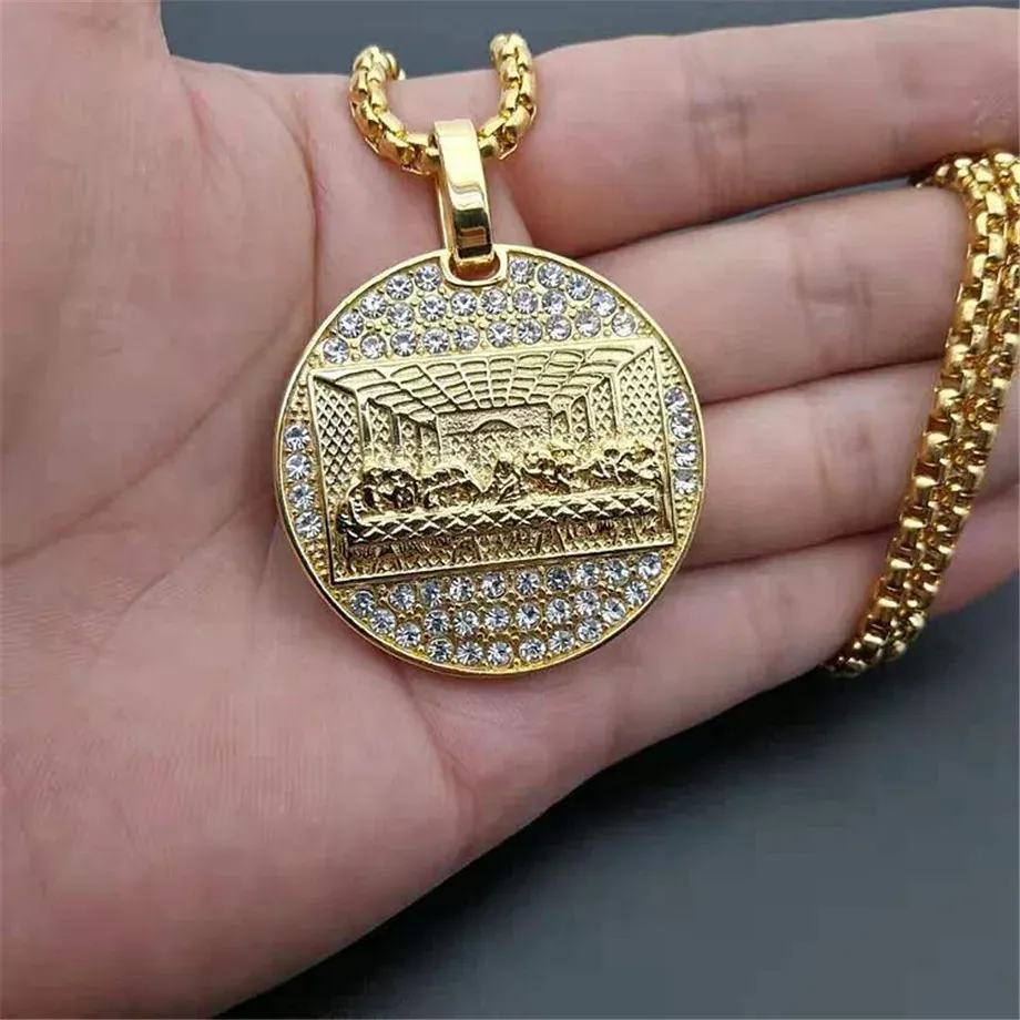 14k Yellow Gold Last Supper Pendant Golden Color Iced Out Bling Zircon Round Necklace For Men Father Day Gift Hip Hop Jewelry