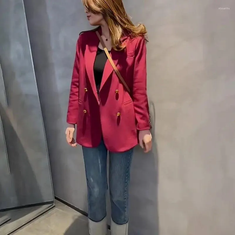 Women's Suits UNXX 2024 Spring French Berry Color Vintage Double-Breasted Suit Short Jacket Top Fashionable Design Outerwear