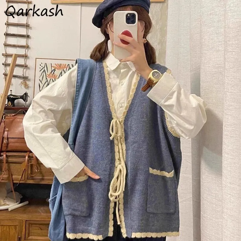 Robes de travail Kawaii Style japonais Bandage Pull Gilets Ensembles Femmes Vintage Doux Écolières Automne Pure Chemises À Manches Longues Chic Deux Pièces