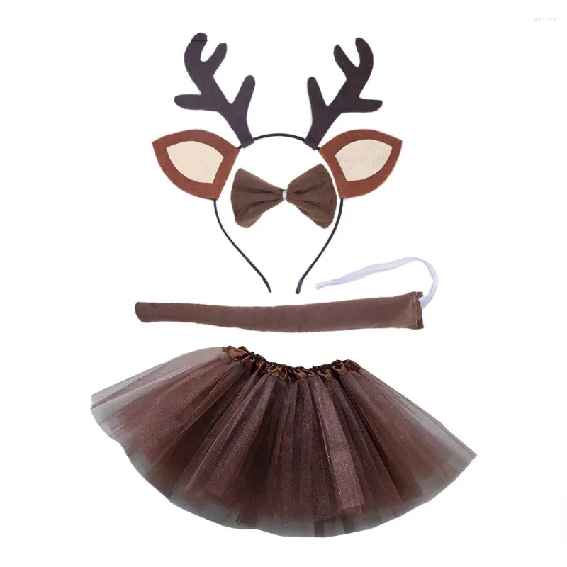 Hair Accessories Girls Kids Deer Elk Animals Theme Costume Tulle Skirt With Ears Headband Bow Tie Tail For Halloween Dress Up Cosplay
