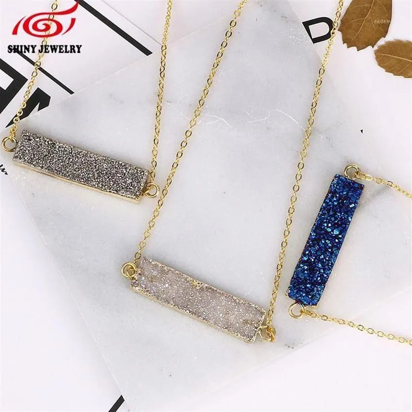 Pendant Necklaces Bar Natural Stone Blue Purple Quartz Druzy Crystal Necklace Agate Rectangle Gold Plated Chain Christmas Gift1241r