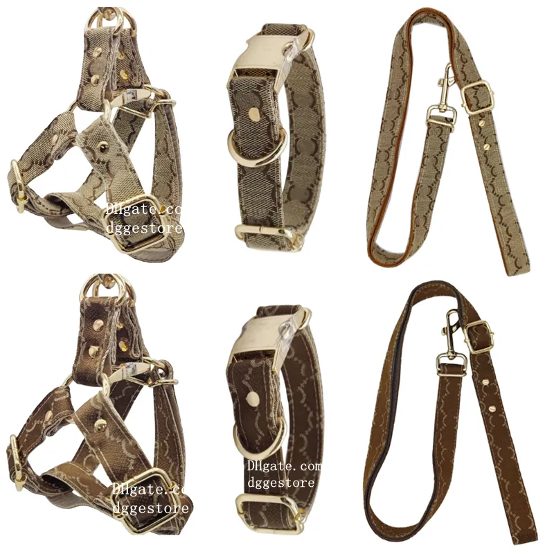 Designer Dog Harness Collar Leash Set Classic Letter Mönster Ingen draghund Harness för små medelstora stora hundar, lätt att rengöra promenad, hållbar snabb fit hundvästsele L B214