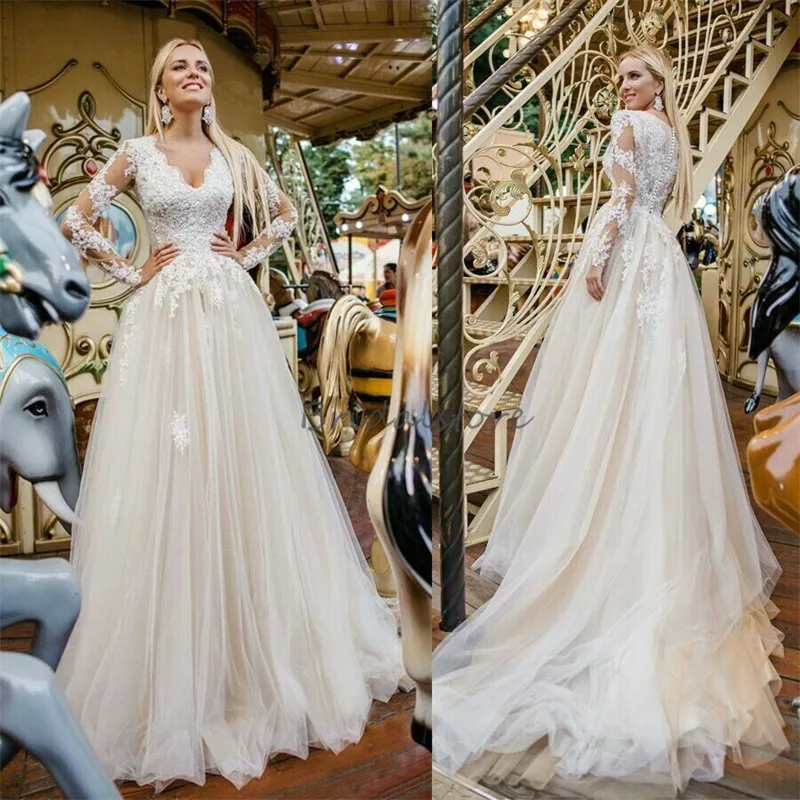 Boho-Hochzeitskleid im Landhausstil mit langen Ärmeln, sexy V-Ausschnitt, Spitze, böhmisches Strandbrautkleid 2024, Applikationen, Tüll, schick, cremefarben, Brautkleider vom Bauernhof, zivile Vestios Novias