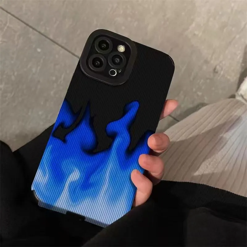 Skórzana moda fajna niebieska flame futerał na iPhone 15 14 13 12 11 Pro Max xs xr XR 15 plus miękki silikonowy tylna okładka 
