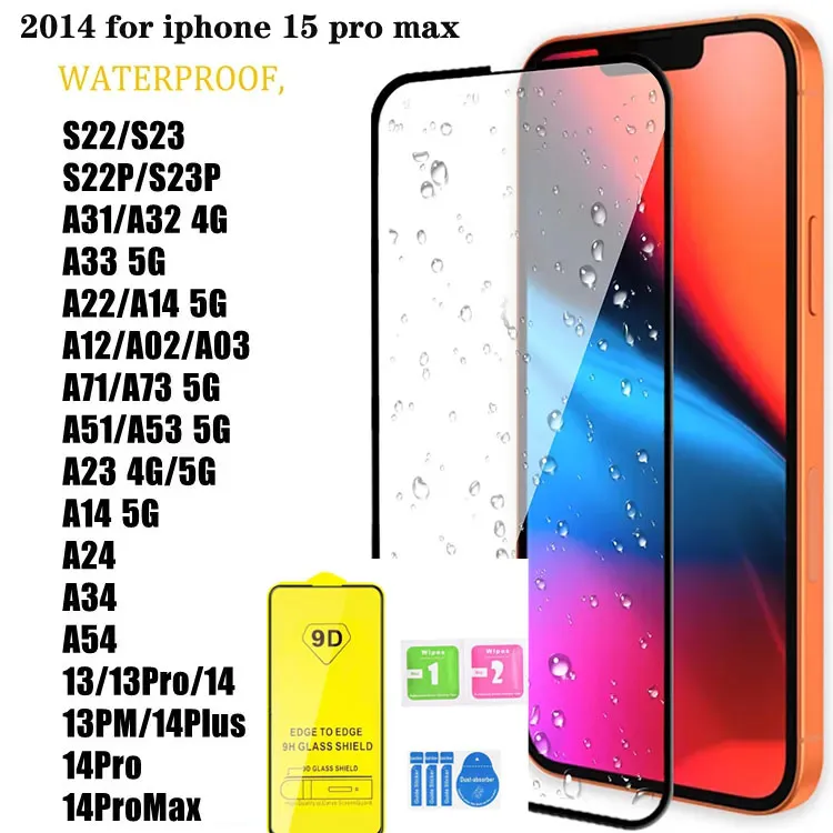 2024 Hochwertige 9D-Abdeckung aus gehärtetem Glas, Vollkleber, 9H-Displayschutz für iPhone 15 14 Pro Max 13 12 11 XS XR X 8 plus Samsung S23 S22 S20 FE S21 Plus A53 A73 5G