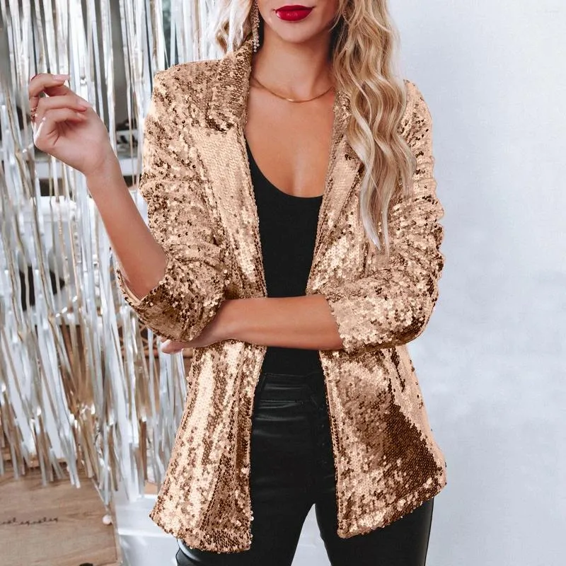 Costumes pour femmes Femmes Paillettes Veste Costume Casual Manches Longues Glitter Blazers Partie Brillant Revers Manteau Mode Survêtement Automne Manteaux Pour Femmes