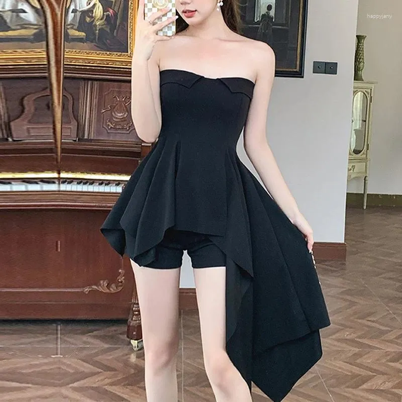 Casual Dresses Sexy Irregular Black Short Dress And Shorts 2 Two Piece Set Women Summer Ruffles Party Y2k Strapless Pleated A-line 26768