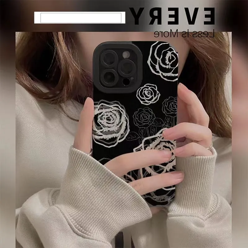 Leder Fashion Cool White Flower Handyhülle für iPhone 15 14 13 12 11 Pro Max XS X XR 15 Plus Fashion Soft Silikon Schwarz Rückseite 350 Stück