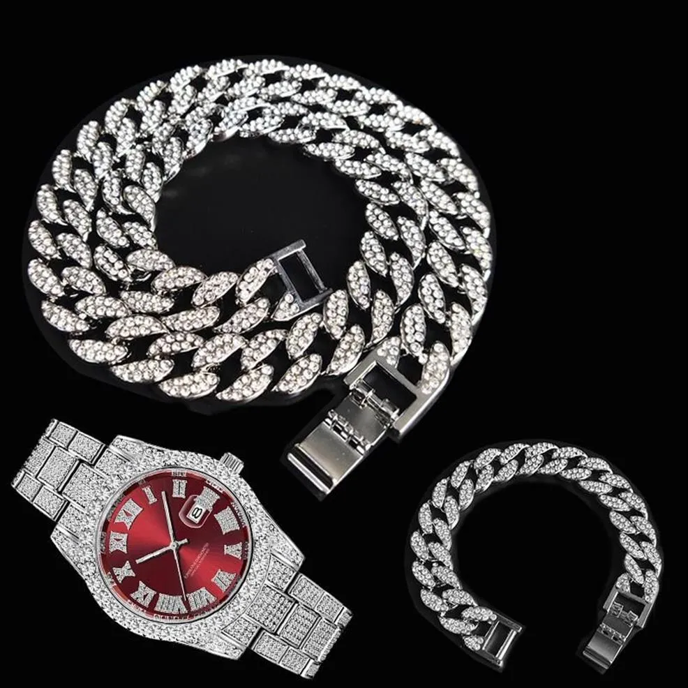 Chaînes 3pcs Kit 15mm Hip Hop Glacé Pavé Strass Miami Cubain CZ Collier Montre Bracelet Rappeur Colliers Pour Homme Charme Jewe2581