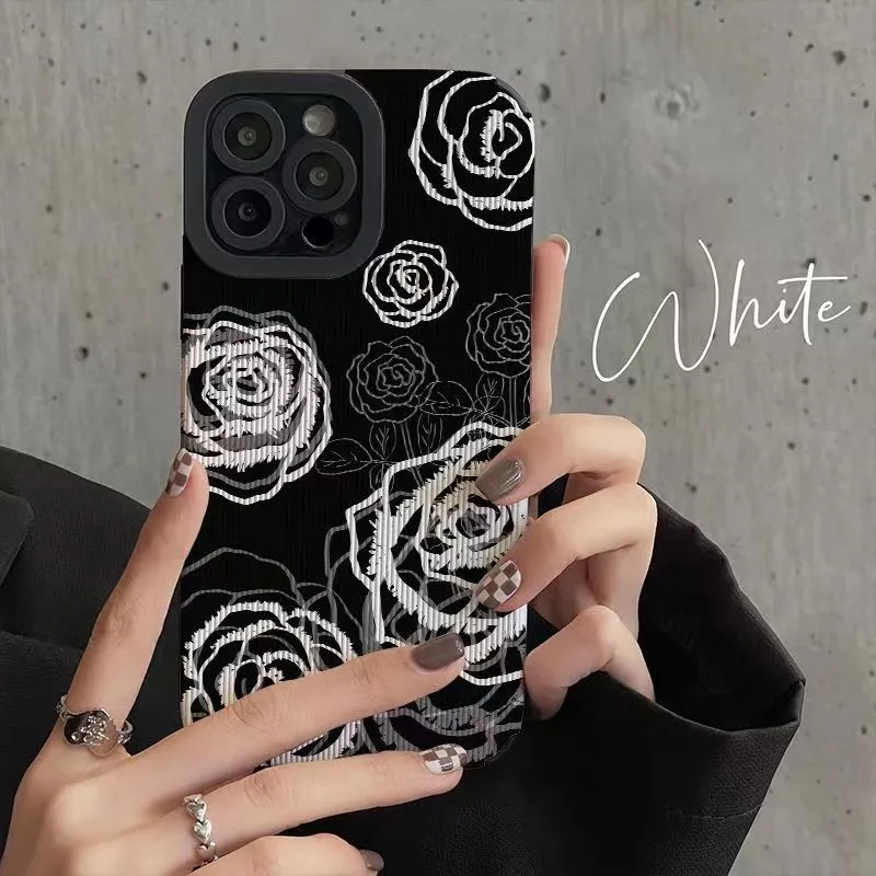 Leder Fashion Cool White Flower Handyhülle für iPhone 15 14 13 12 11 Pro Max XS X XR 15 Plus Fashion Soft Silikon Schwarz Rückseite 350 Stück