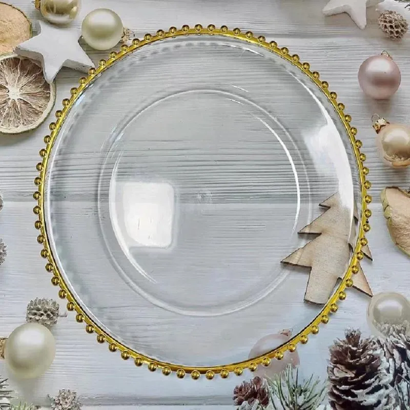 Assiettes 100 pièces Plaque de chargeur transparent avec perles en or Rim Acrylique Plastique Dîner décoratif servant Mariage de Noël décor de fête