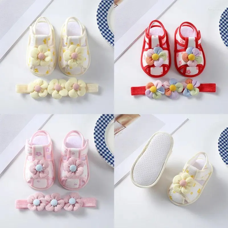 Обувь для первых ходунков для новорожденных девочек, весенне-осенняя обувь с цветочным украшением и лентой для волос, обувь для малышей на мягкой подошве, От 3 до 11 месяцев