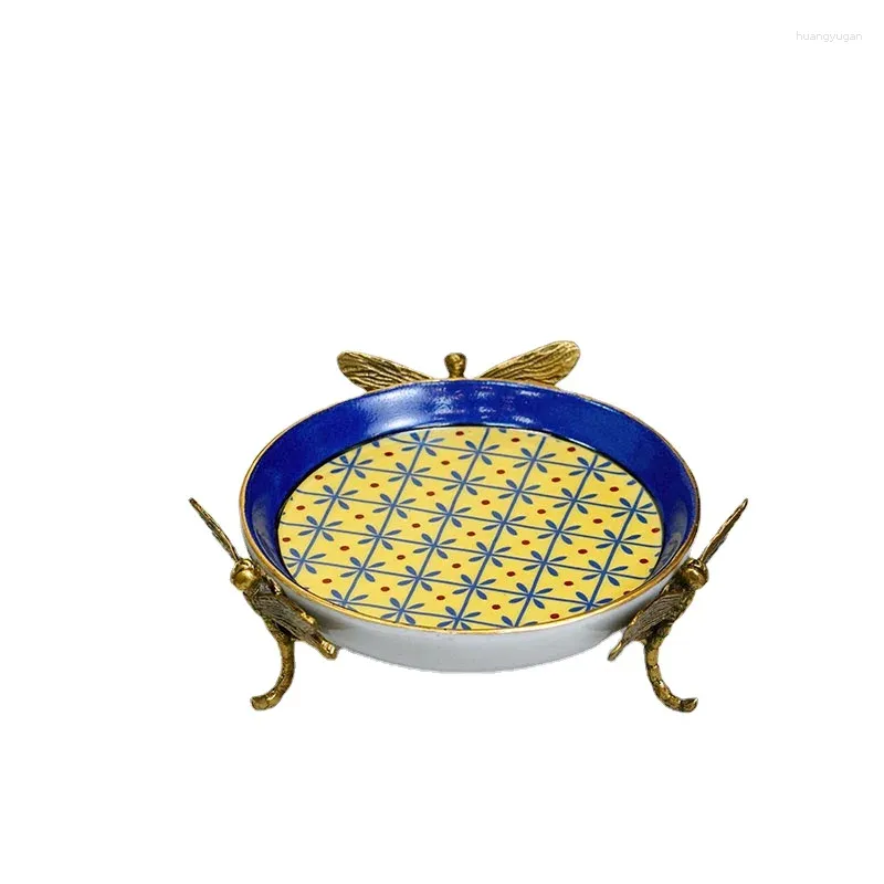 Plates High Temperature Ceramic With Copper Dragonfly Storage Tray Fruit Home Retro Light Luxury Decorative Key