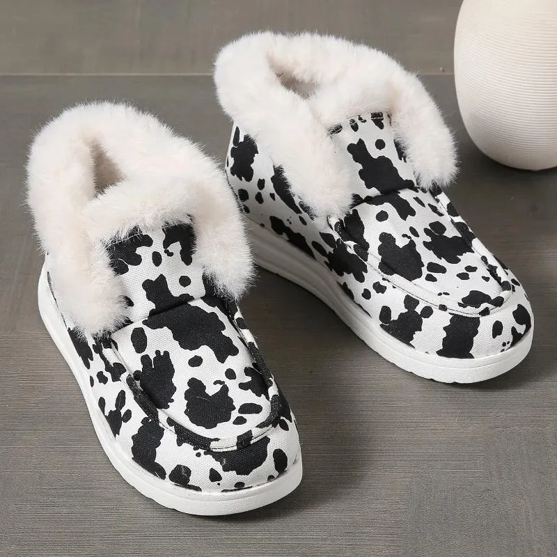 Boots Women Cow Print Ankle Comfort Snow Warm Comfy Anti-slip Flat Shoes Plush Lined Large Size Non-slip
