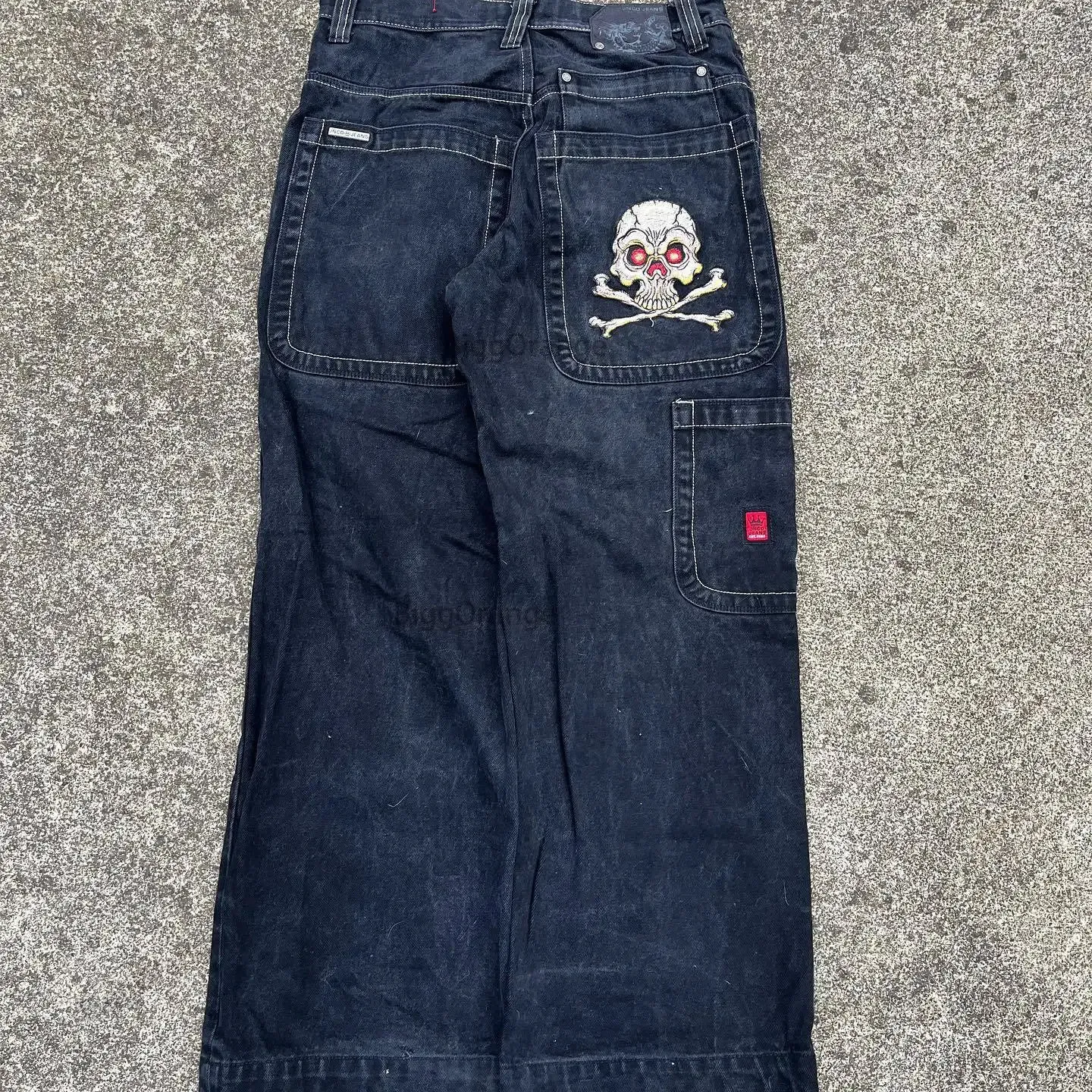 JNCO crâne brodé rétro Baggy jean hommes y2k Harajuku Hip Hop motif imprimé jean ample taille haute pantalon droit jambe large 231229