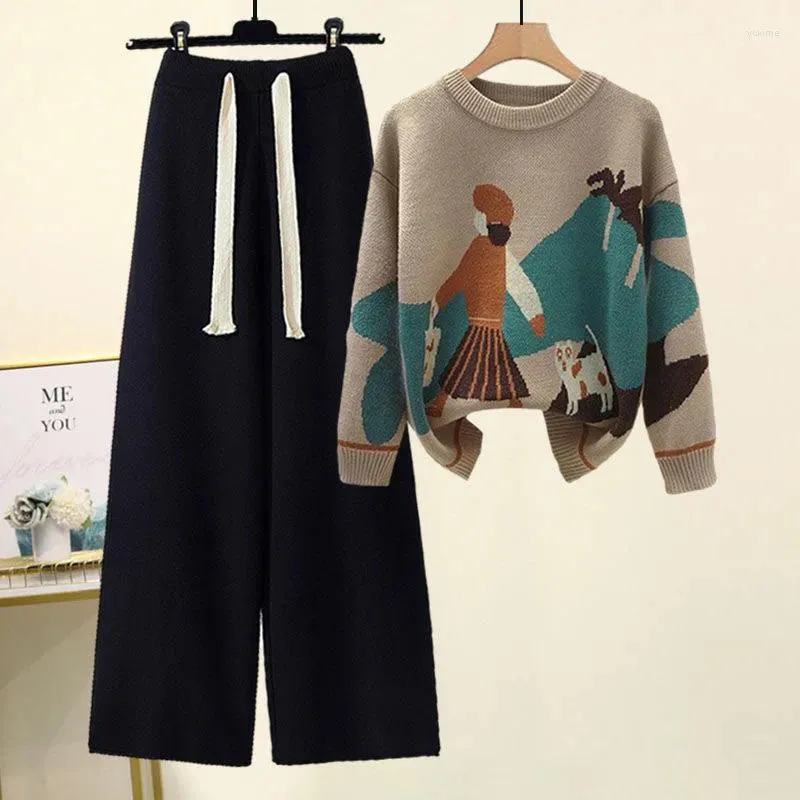 Women's Pants Fall Winter 2 Piece Sets Womens Outfits Office Ladies Oversized Knitted Swerter And Wide Leg Suits Knitting Two Set