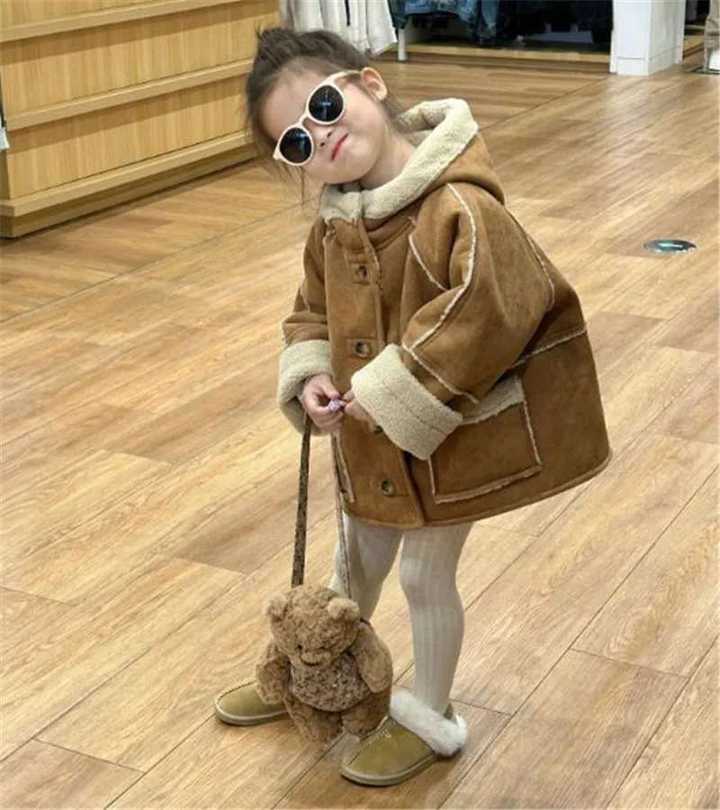 High-quality Children's Clothing Girls Coat Winter Wear Girls' Inner Lining Lamb Suede Jacket Casual Hooded Overcoat