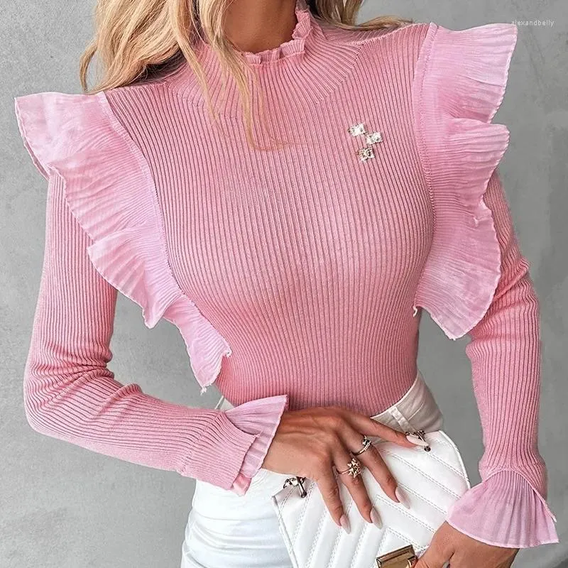 Kvinnors T-skjortor Eleganta kvinnor Ribbed Ruffle Shirt Top Autumn Winter Long Sleeve O Neck Corset Slim Fit Stretch T-shirt Y2K Chic Cloth Cloth