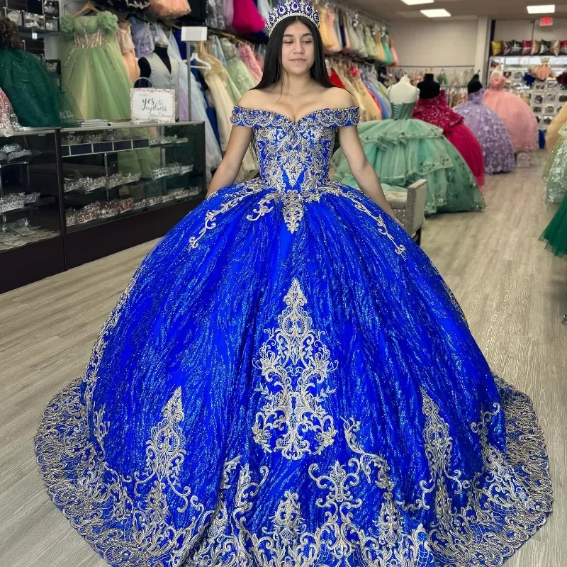 Mexikanische Königsblau Quinceanera Kleider Ballkleid Perlen Spitze Applikationen Süßes 16 Kleid Prinzessin Lace Up Vestido De 15 Jahre
