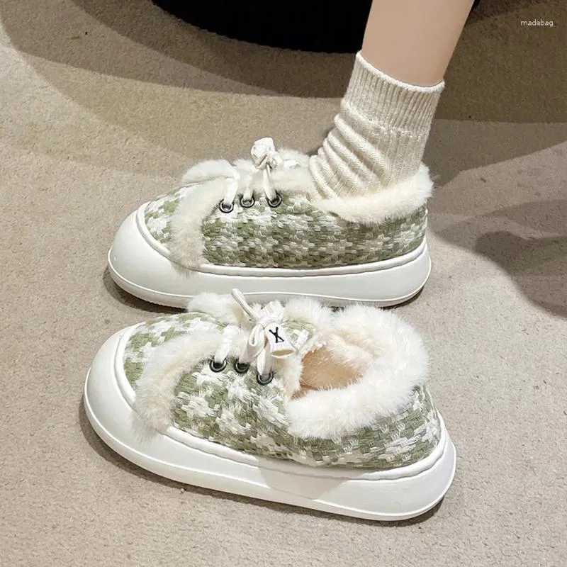 Slippers Flat Shoes Female Home Women's Slides Pantofle Platform Med Flock Winter Footwear Massage 2024 Plush Cross-tied Cover H