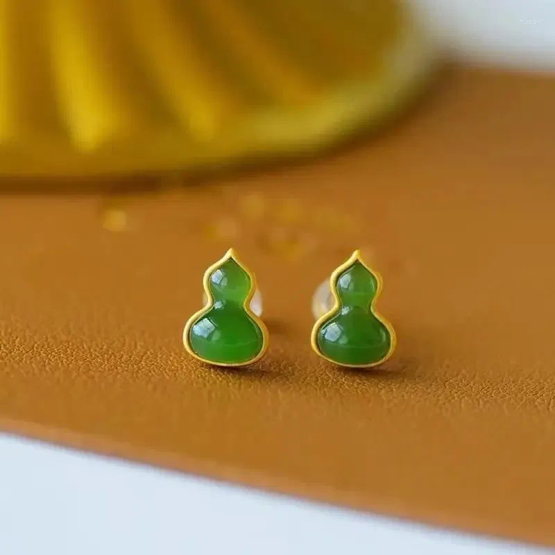 Dangle Brincos Natural Hetian Jade Verde Gourd Stud S925 Sterling Silver Retro Personalidade Fu Lu Eardrop Jóias Mulheres