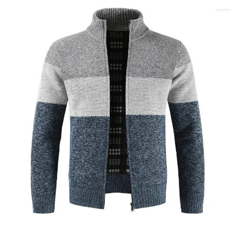 Suéter Masculino Masculino Suéter de Inverno Gola Mandarim Cor Patchwork Cardigan Jaqueta