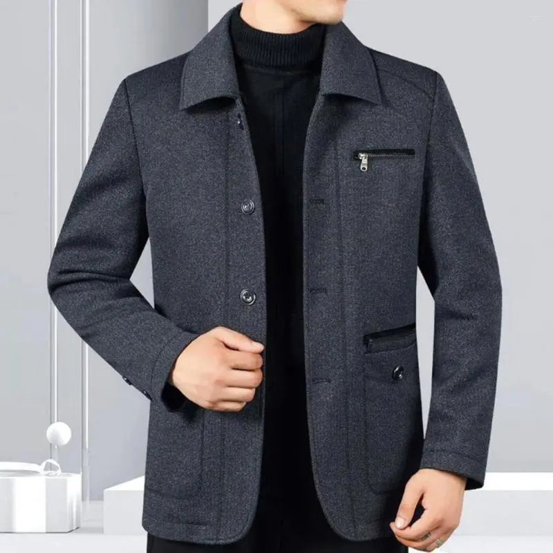 Vestes d'homme hiver hommes veste revers à manches longues manteau à poitrine unique en peluche zippé poches zippées vêtements d'extérieur mi-longueur père thermique